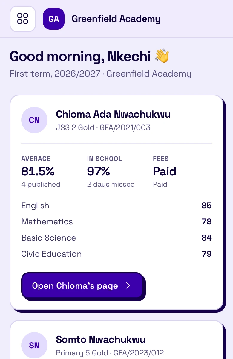 A parent's dashboard showing their two children, each with an average, attendance, fees and the marks the school has published.